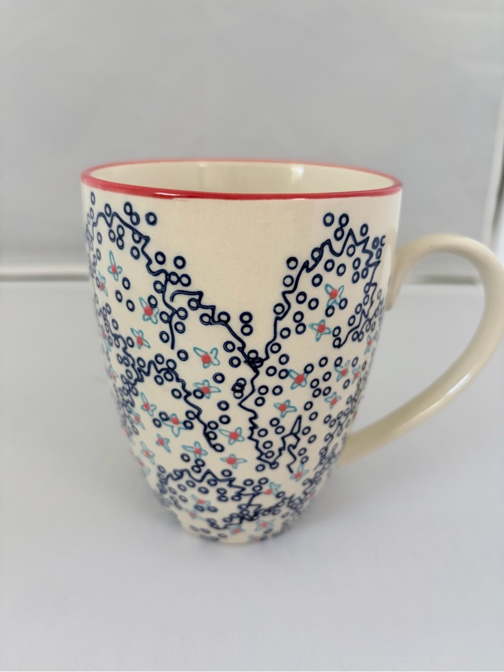 Chehoma, a Belgian Pottery Company Mug Blue Floral Mug with Red Rim NWOB